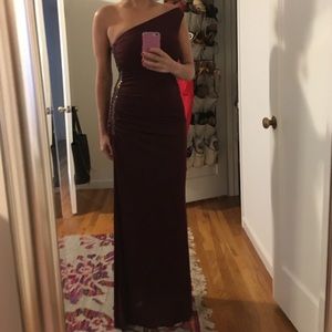 Oxblood one shoulder evening gown